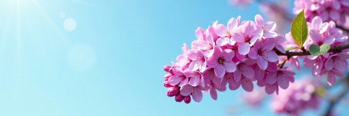 A lilac branch laden with tiny pink blooms suspended against a light blue sky, spring, flower, lilac