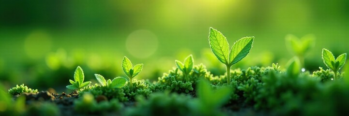 Frosty morning dew glistens on tiny green shoots, growth, emerald