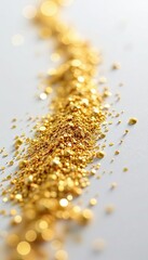 Iridescent gold glitter dust falling gently on a pristine white surface, abstract, shine, shimmer