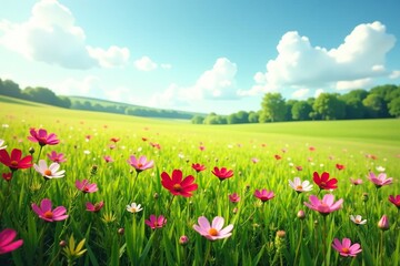 Obraz premium Lush grassy field with cosmos flowers and wildflowers in bloom, blooms, flowers, flower field