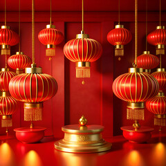 Red Lanterns and Golden Platform. Chinese New Year Decorations