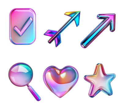 Colorful icons set with checkmark, arrows and magnifying glass, heart and star on transparent background