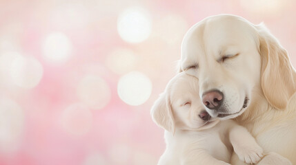 Golden Retriever Mother and Puppy Embrace: A heartwarming image of a golden retriever mother cuddling her puppy, showcasing the unwavering bond of love and protection between a mother and her child.