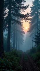 Fototapeta premium Misty forest twilight, fog rolls in, trees sway softly, wood, land