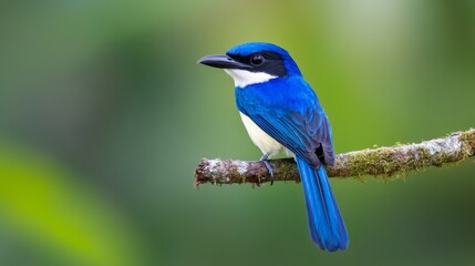 A vibrant blue bird perched on a mossy branch in a lush green environment.