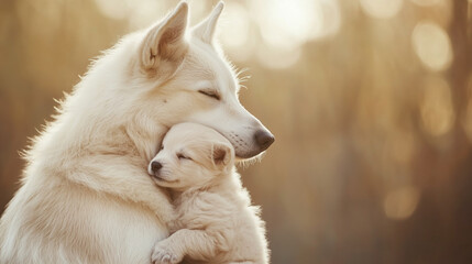Obraz premium A Mother's Love: A heartwarming image of a white dog cuddling her adorable puppy, bathed in the warm glow of the setting sun.