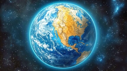 Fototapeta premium Earth globe in cosmic space art. The planet glows in the universe, astronomy marvel with atmospheric blue hues. The celestial sphere exhibits oceans. Perfect for science lessons and global