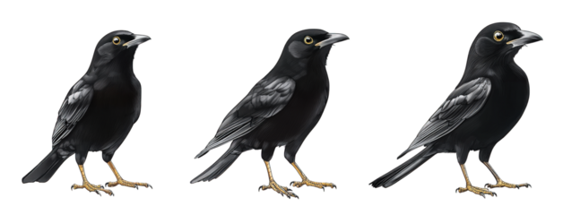 three illustrations of a black bird. showcasing different angles and postures each bird is depicted with glossy feathers and distinct yellow eyes. emphasizing their elegant shape and features this rep
