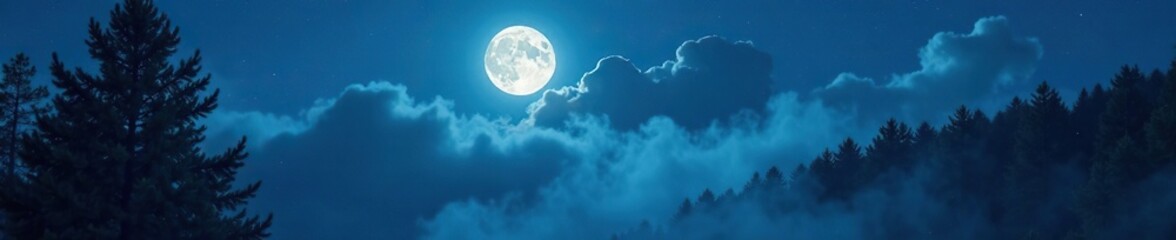 Full moon glowing above a misty forest with towering trees and fluffy white clouds, night, forest, misty
