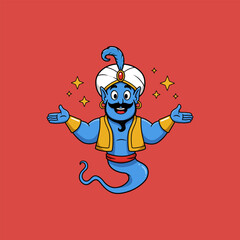 A friendly blue genie cartoon character cheerfully welcomes with open arms against a red background, surrounded by sparkling stars.