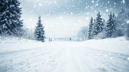 Obraz premium Winter Wonderland: A serene snowy landscape evokes a sense of tranquility and peace. Snowflakes gently descend upon a path winding through a snowy forest, with tall evergreen trees standing tall.