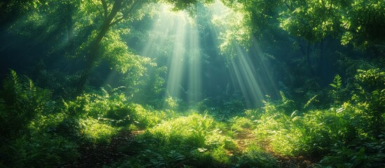 Fototapeta premium Sunbeams illuminating a lush green forest with dense foliage and a pathway leading into the woods.