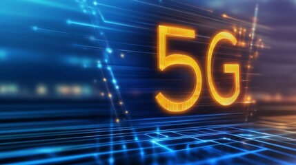 A digital representation of 5G technology with glowing graphics and data lines.