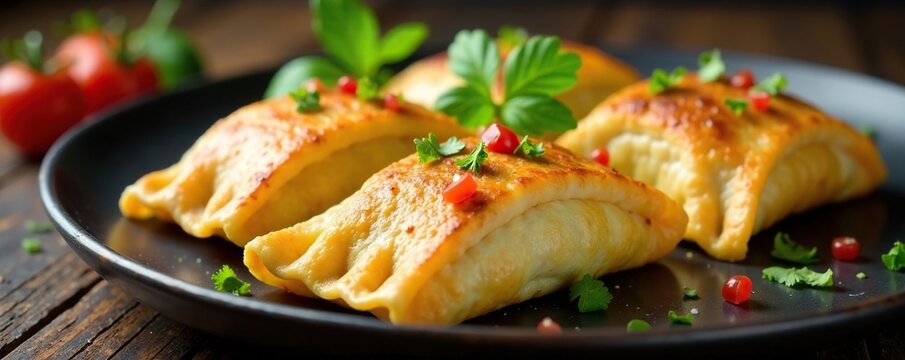 Empanadas frescas salteadas sobre un fondo de cocina, receta, texturas