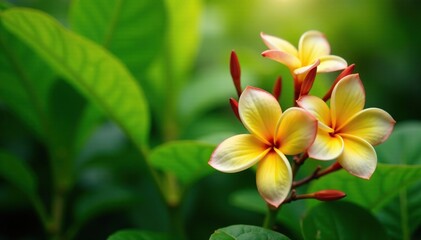 Fototapeta premium Frangipani flowers with green stems and leaves in a lush garden, flower, frangipani