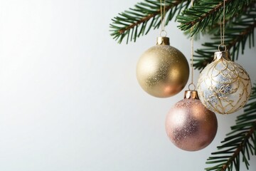 Frosted mercury glass ornaments hang from a metal wreath on white background, elegant, reflective, christmas decorations