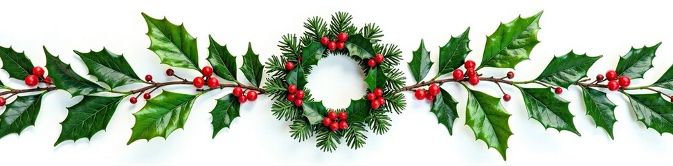 Winter festive seasonal greenery, holly and ivy wreath isolated on white background, greenery, wreath