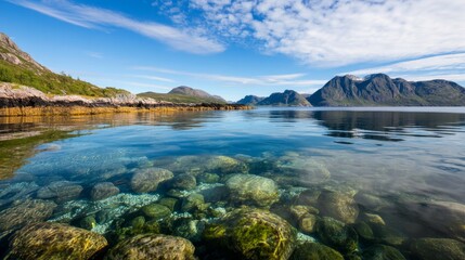A serene coastal landscape featuring clear waters and rocky shores under a blue sky.