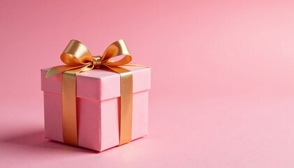 Fototapeta premium Delicate gift box with golden ribbon on soft pink background, bow, elegant, bokeh