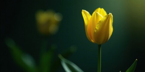 Delicate yellow tulip bud suspended in darkness, foliage, bloom, suspended