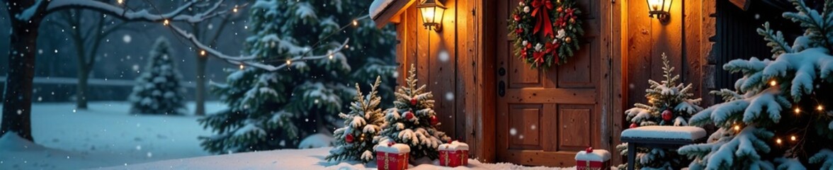 Festively decorated wooden door with wreath and surrounding snow, cozy, snowflakes, frost