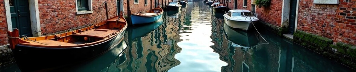 Obraz premium Boats resting on the water surface of a narrow canal, boats, winding
