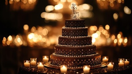 Elegant chocolate wedding cake, candles, reception