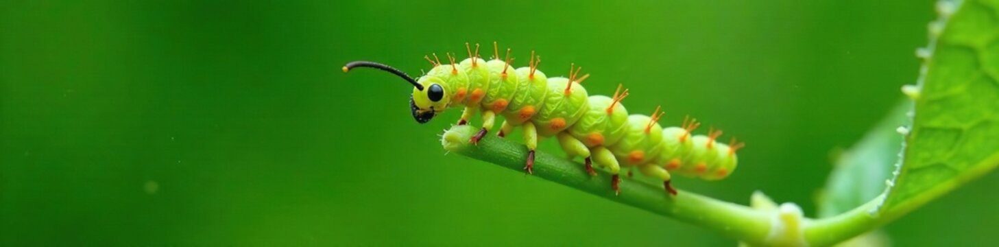 Fresh figwort weevil larva on scrophulariae plant stem, green color, leaf feeding, nature