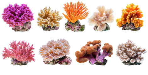 a variety of colorful coral specimens. highlighting their diverse shapes and hues these corals are displayed on rocky bases. emphasizing their role in marine ecosystems and their aesthetic appeal for