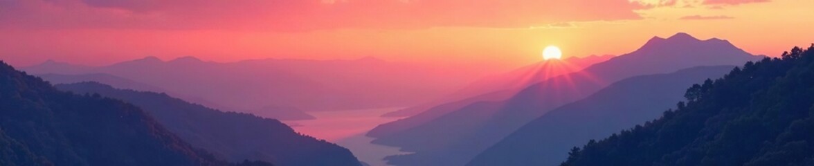 Fototapeta premium Orange and pink hues dance across the mountainside, sunset, misty