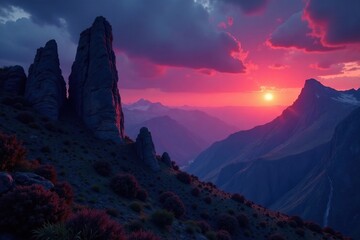 Naklejka premium Towering stone formations illuminated by warm luminescence, illuminated, natural