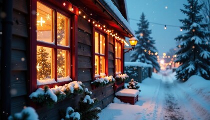 Windows adorned with sparkling icicles and festive lights, winter, icicles, christmas