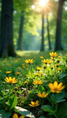 Obraz premium Yellow flowers scattered throughout the undergrowth of a forest clearing, forest clearing, sunlight