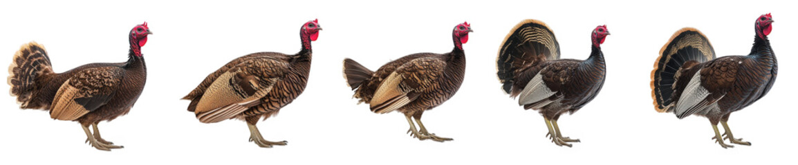 a series of turkeys in various poses. highlighting their distinct features and plumage this visual representation emphasizes the diversity within the species and may serve educational or illustrative