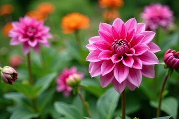 Fototapeta premium Fuchsia dahlia pinnata in a garden with other flowers, petals, garden