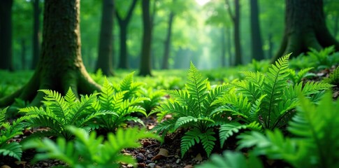 Emerald ferns carpeting the forest floor's understory, nature scenes, forests, forest terrain
