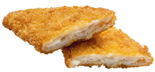 Deep fried crispy fish steak isolated on white, Deep fried Breaded fish isolated on white background PNG File.