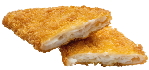 Deep fried crispy fish steak isolated on white, Deep fried Breaded fish isolated on white background PNG File.