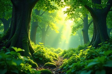 Fototapeta premium Dense undergrowth with sunlight filtering through leaves, greenspace, sunlight