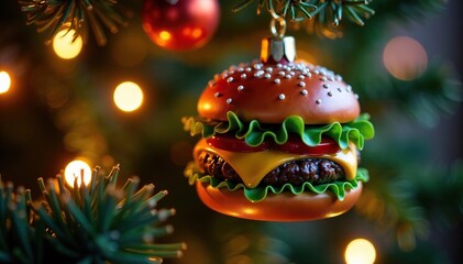 Glowing burger ornament nestled in Christmas tree branches, lights, burger