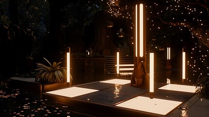 Obraz premium Illuminated Platform in a Dark Tranquil Forest Setting