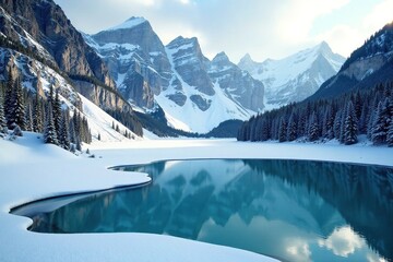 Mountain lake in winter with ice on surface and surrounding snow-covered trees, mountains, nature