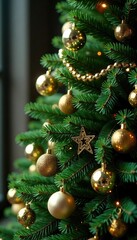 Luxurious evergreen tree adorned with glittering crystals and golden accents, fancy details, glamorous ambiance, glittering crystals
