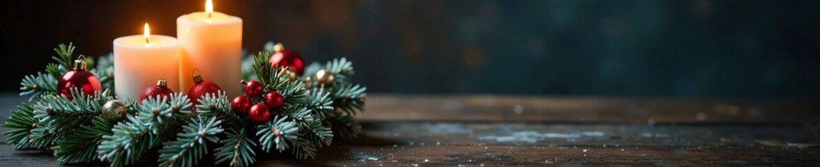Pine wreath with elegant Christmas candle and snow-covered fir branches, Christmas candles, Pine wreath