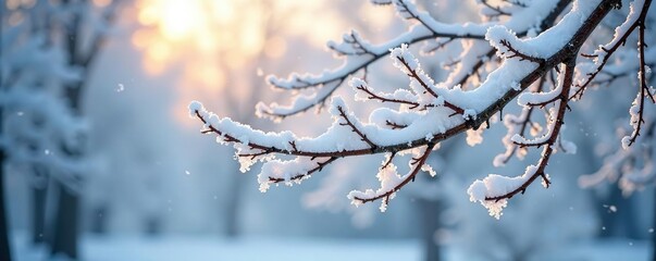 Snow covered tree branches sway gently in the winter breeze, serene, branches