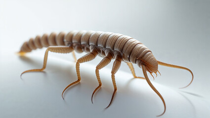 Obraz premium Close-up of a pale, segmented insect with multiple legs crawling on a white surface.