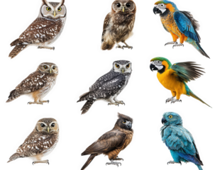 variety of owls and parrots. showcasing different species in a grid layout each bird is depicted in a detailed and colorful manner. highlighting their unique features and characteristics this composit
