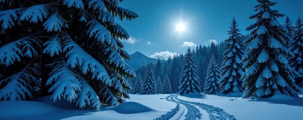 Dense Fir branches against moonlit snowy forest background, snow-covered ground, cold climate