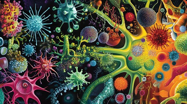 Vibrant and Stylized Depiction of Various Microbes for Educational Purposes