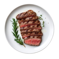 beautifully plated serving of sliced steak. showcasing its juicy interior and grilled exterior. garnished with fresh rosemary and thyme. emphasizing a gourmet culinary presentation